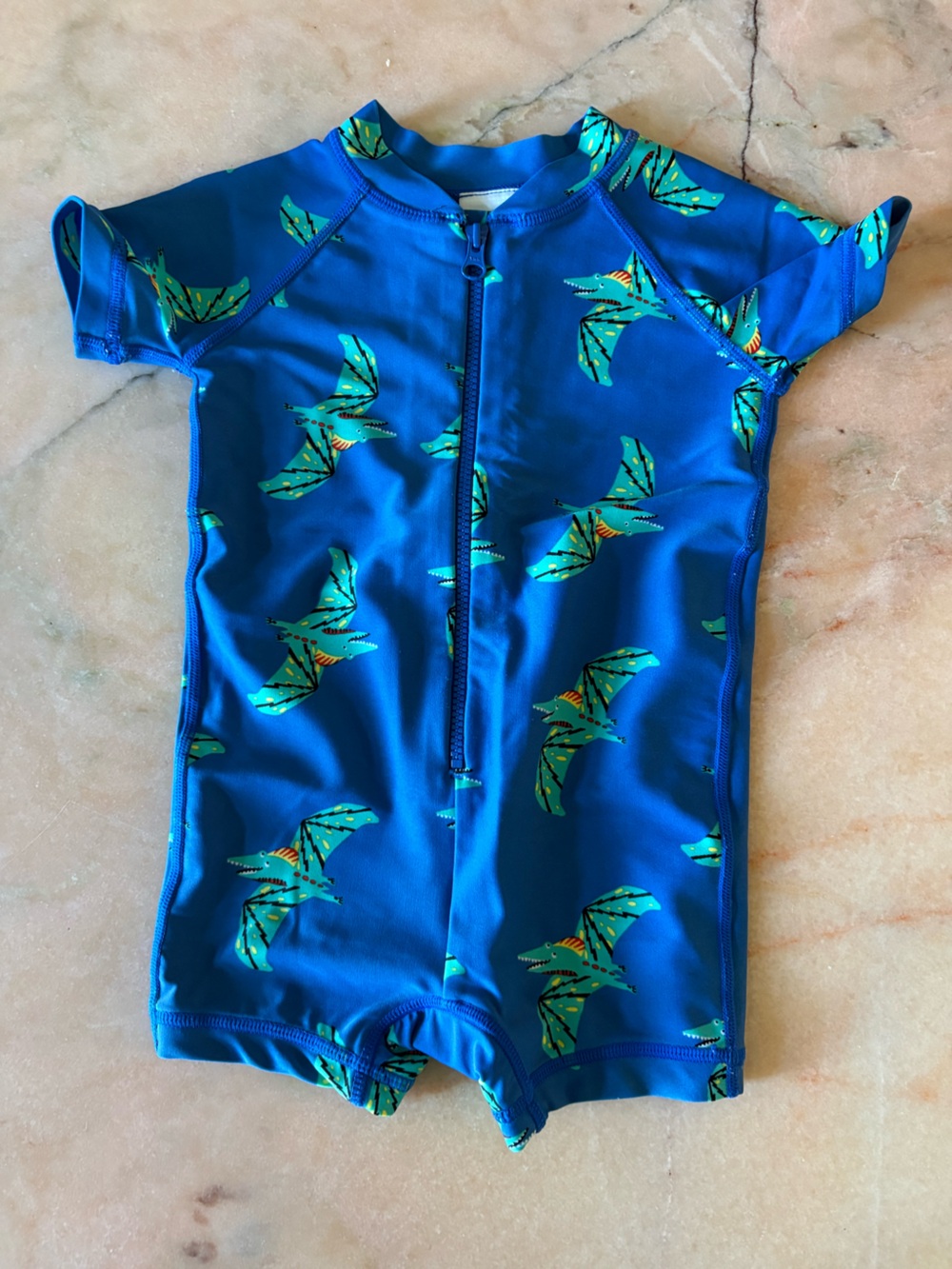 Hanna Andersson Baby Boy Bright Blue One-Piece Swimsuit with Teal Bird Motif